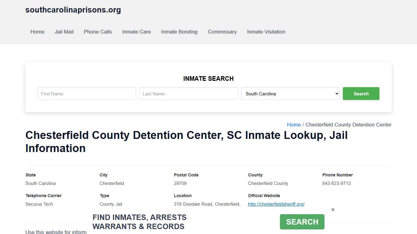 Chesterfield County Detention Center, SC - Offender Locator, Contacts, Inmate Info